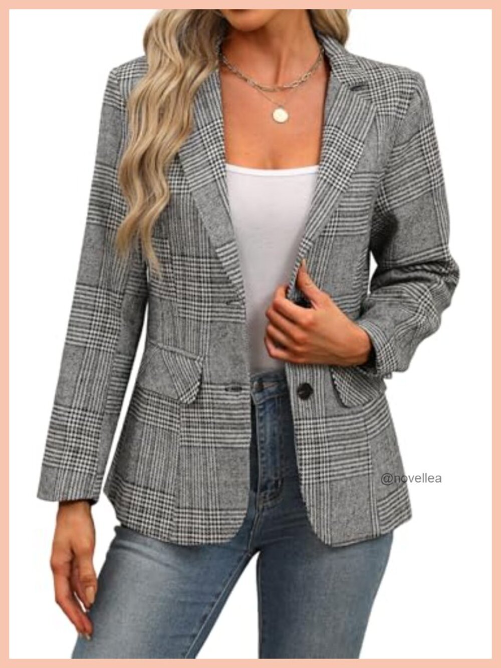 Women's Business Casual Plaid Blazer Work Office Suit Jacket